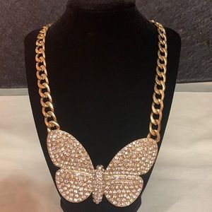 Gold Tone Chunky Chain Butterfly Necklace with Rhinestones